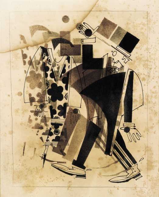 The Old Bourgeois in Tailcoat Meets a Lady in a Floral Dress by Vladimir Vasilyevich Lebedev, 1925.