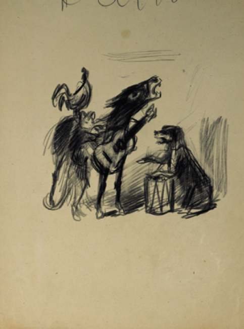 The Donkey, the Rooster and the Dog (after the Brothers Grimm tale The Bremen Town Musicians) by Konstantin Ivanovich Rudakov, 1935.