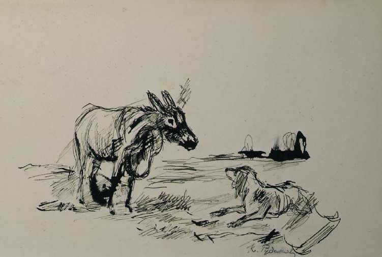 The Donkey and the Dog (after the Brothers Grimm tale The Bremen Town Musicians) by Konstantin Ivanovich Rudakov, 1935.