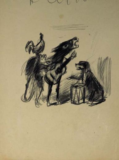 The Donkey, the Rooster and the Dog (after the Brothers Grimm tale The Bremen Town Musicians) by Konstantin Ivanovich Rudakov, 1935.