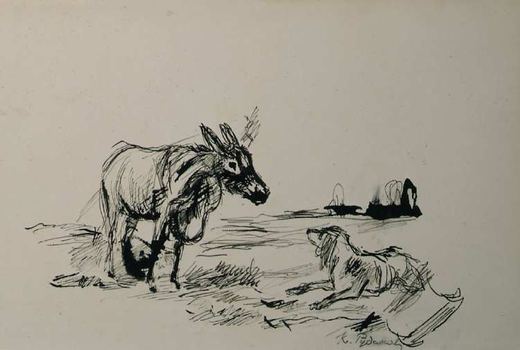 The Donkey and the Dog (after the Brothers Grimm tale The Bremen Town Musicians) by Konstantin Ivanovich Rudakov, 1935.