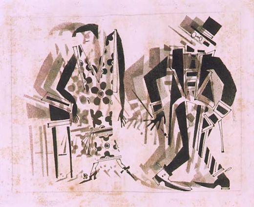 The Hotel Porter in Livery Meets the Lady in a Floral Dress by Vladimir Vasilyevich Lebedev, c. 1925.