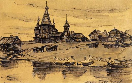 Village on the River in the Arkhangelsk Region by Apollinary Mikhaylovich Vasnetsov.