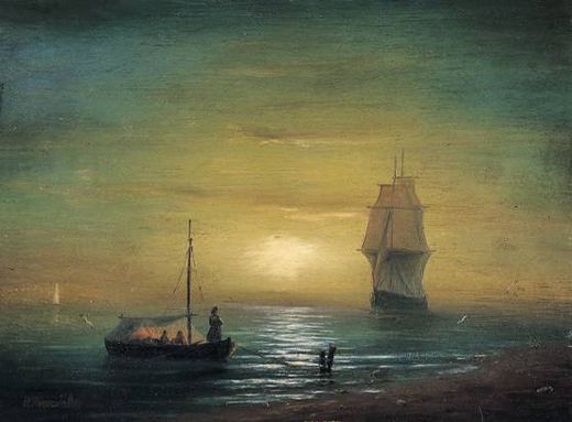 Tsar Peter the Great Observes the Foreign Ship Entering the Port by Vyacheslav Pavlovich Bychkov, 1896.